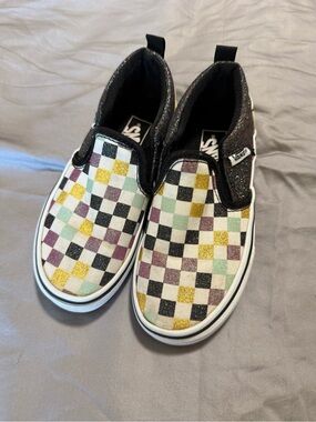 Vans Kids Slip-On Checkerboard Glitter Sneakers - Black Multicolor youth size 12